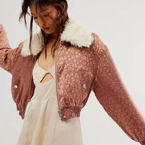 NWOT Free People Dusty Rose Floral Pattern Crafted Floral Bomber Jacket XS